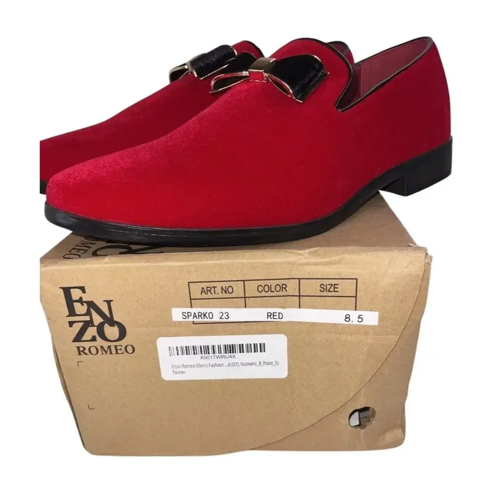 Enzo Romeo Fashion Formal Tuxedo Slip On Loafer Velvet Red Dress Shoes Size 8.5
